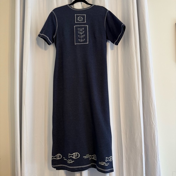 Capacity Vintage Navy Blue Midi Dress White Patch/ Embroidery Womens Large - Picture 1 of 7